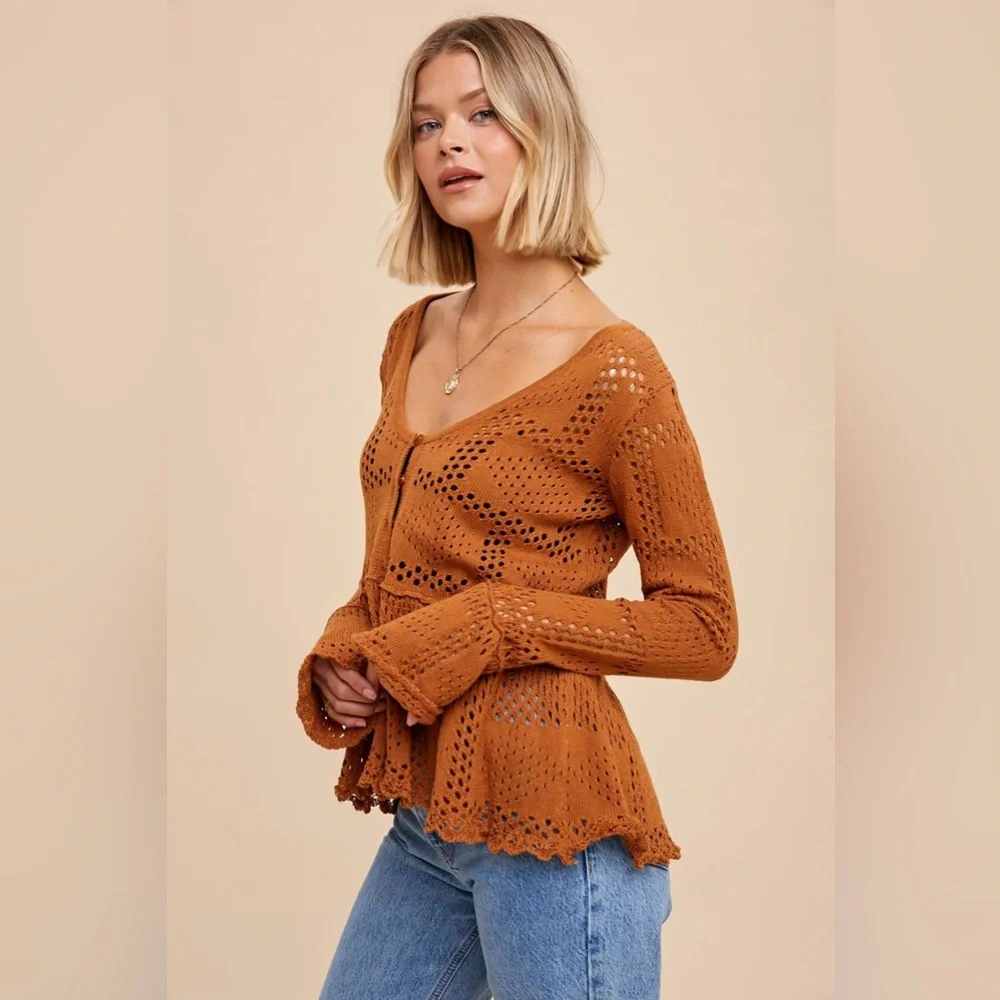 NWOT In Loom Penelope Pointelle Knit Sweater Pumpkin Size Small